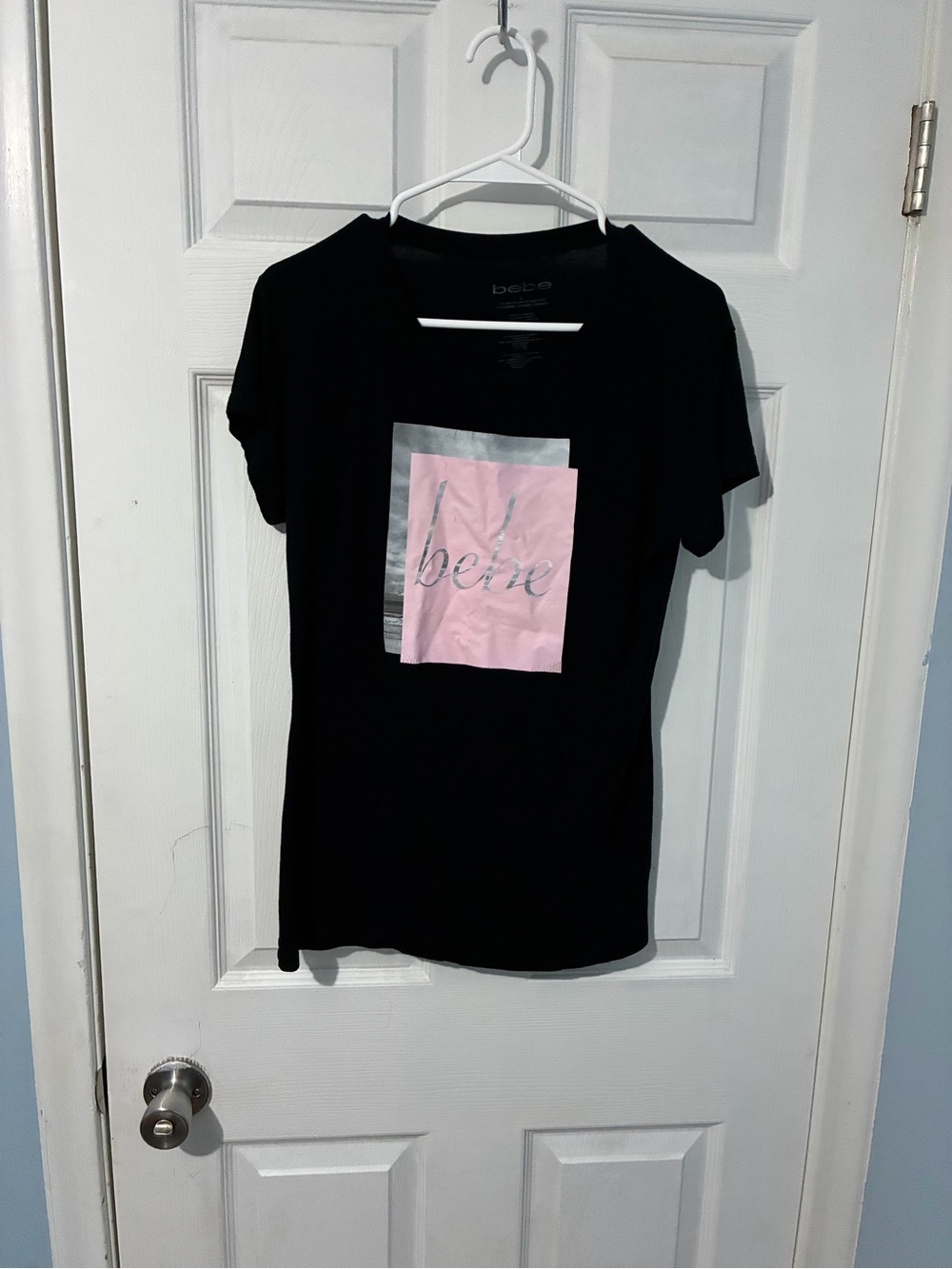 bebe Black Short Sleeve Logo Tee with Pink and Silver Graphic